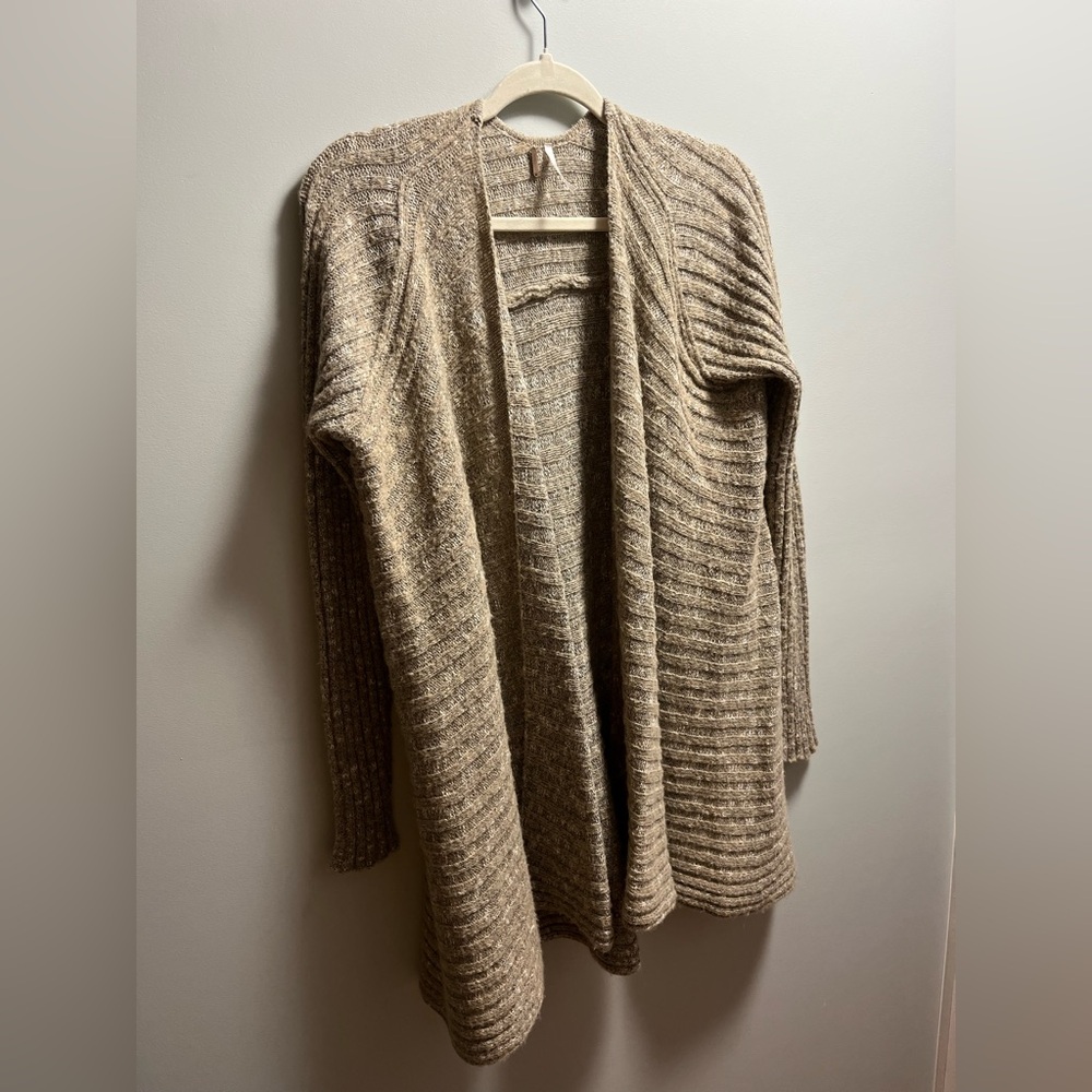 Free People Neutral-Tone Open Front Ribbed Cardigan